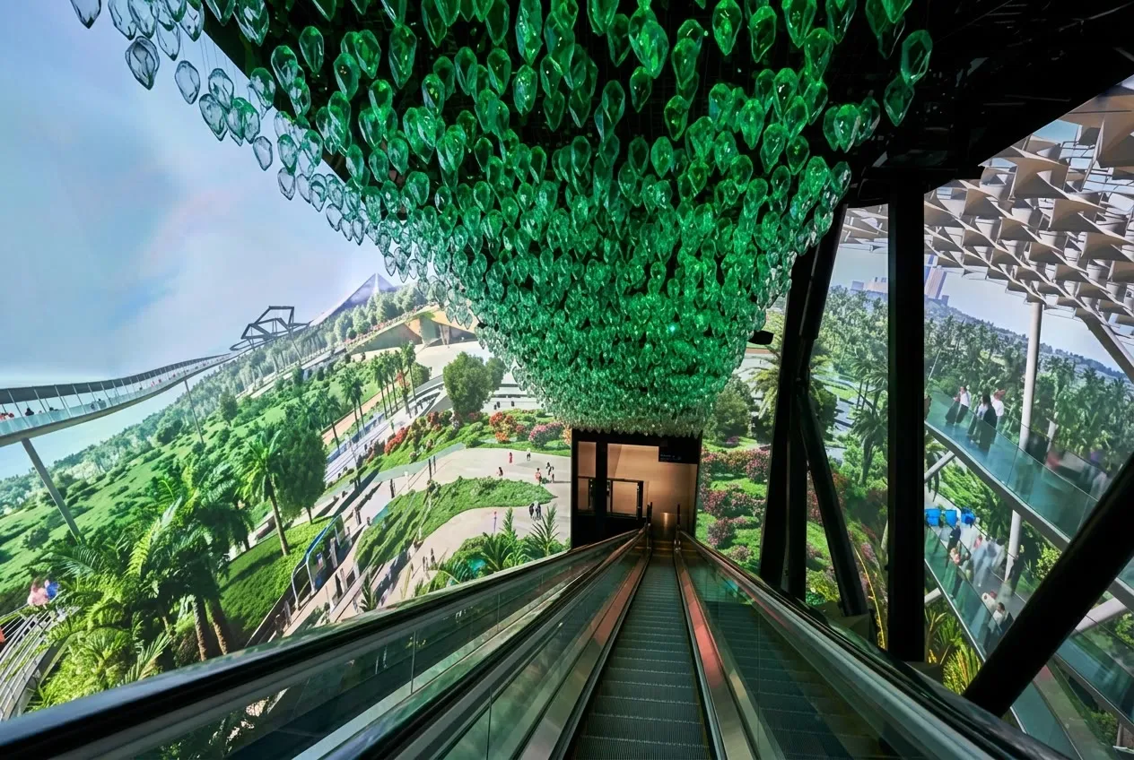 A green hanging canopy over the walkway, with a panoramic screen of gardens behind