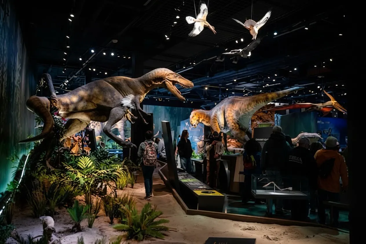 Dinosaurios emplumados y pterosaurios sobre los visitantes en la sala del Cretácico