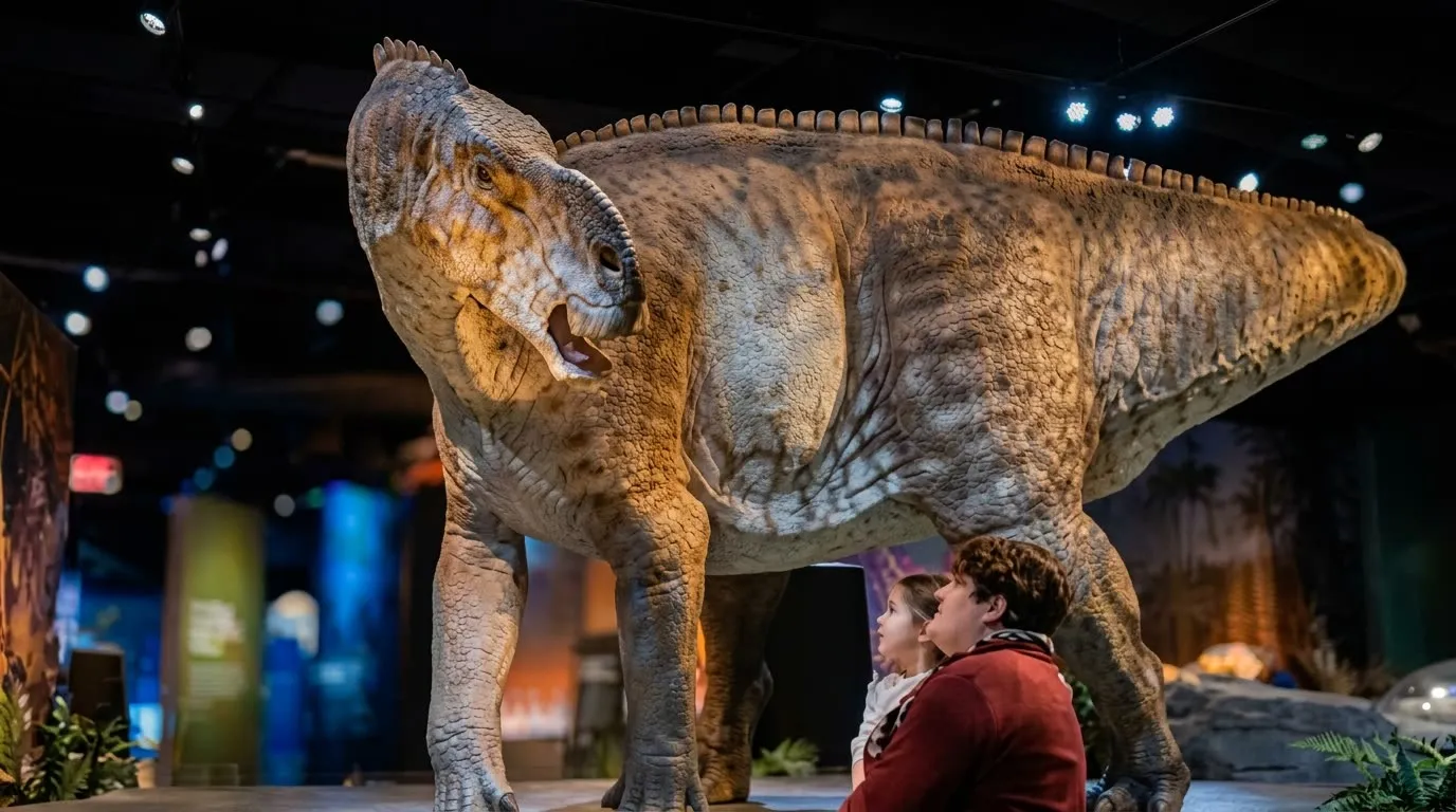 Un hadrosaurio a tamaño real frente a dos visitantes en la sala en penumbra