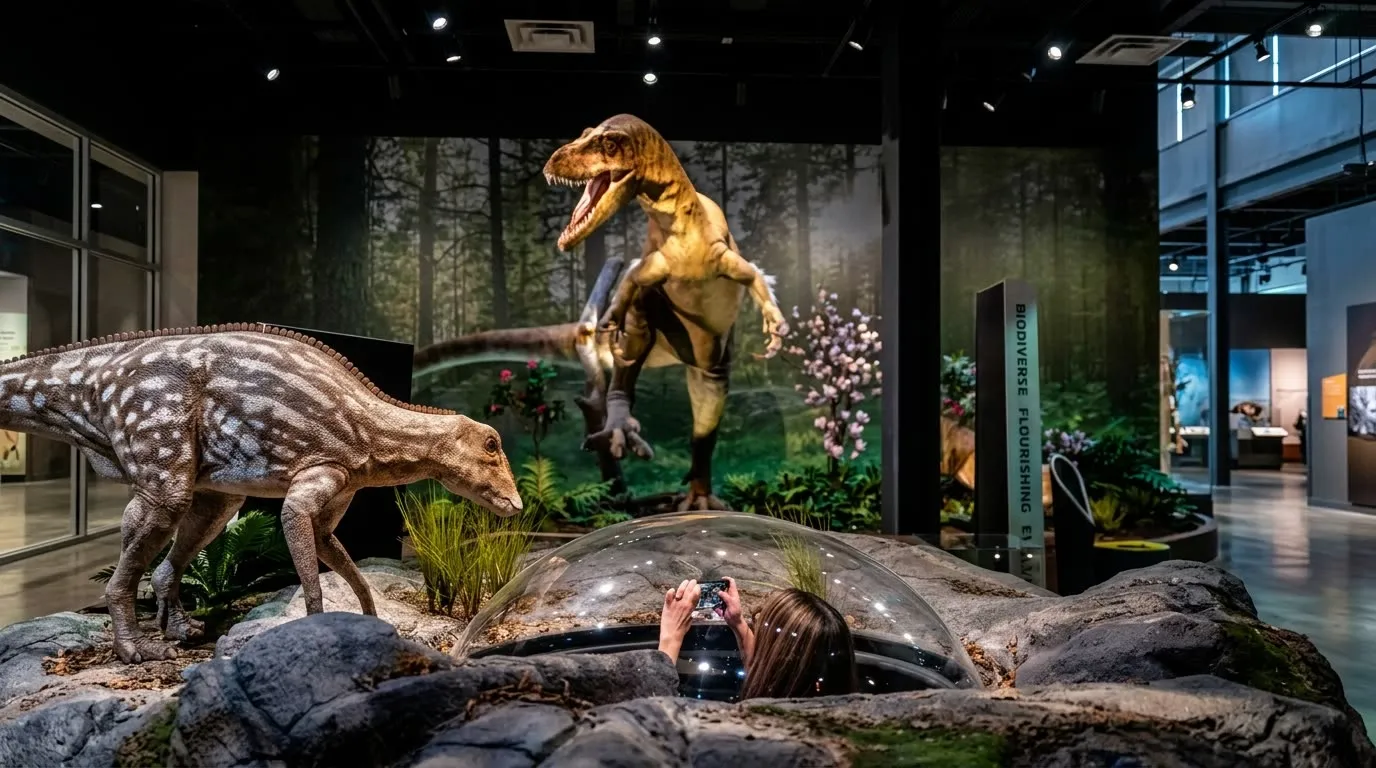 Una visitante dentro de una cúpula de observación en un diorama de bosque cretácico